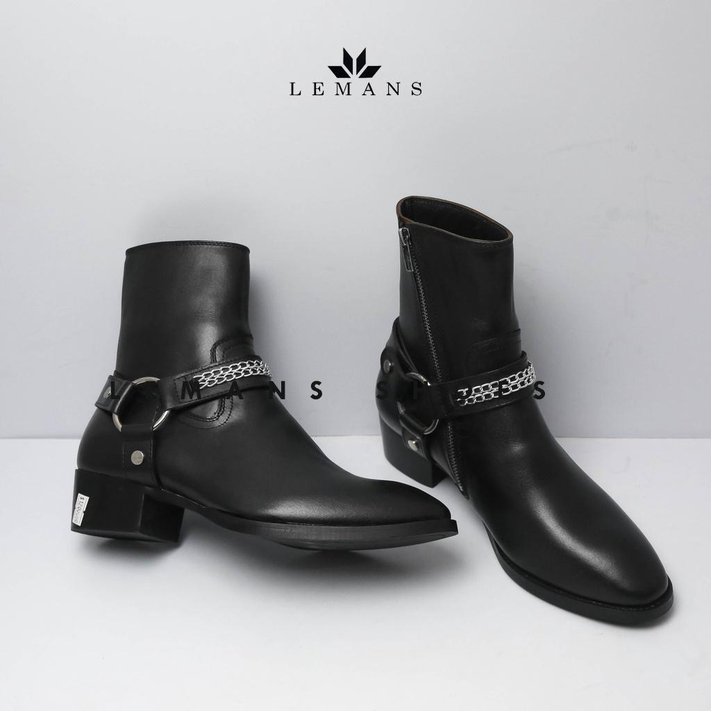 Giày da bò Harness Boots LeMans, gót cao 6cm vân phíp gỗ, khóa kéo YKK, logo gầm độc quyền, bảo hành 24 tháng