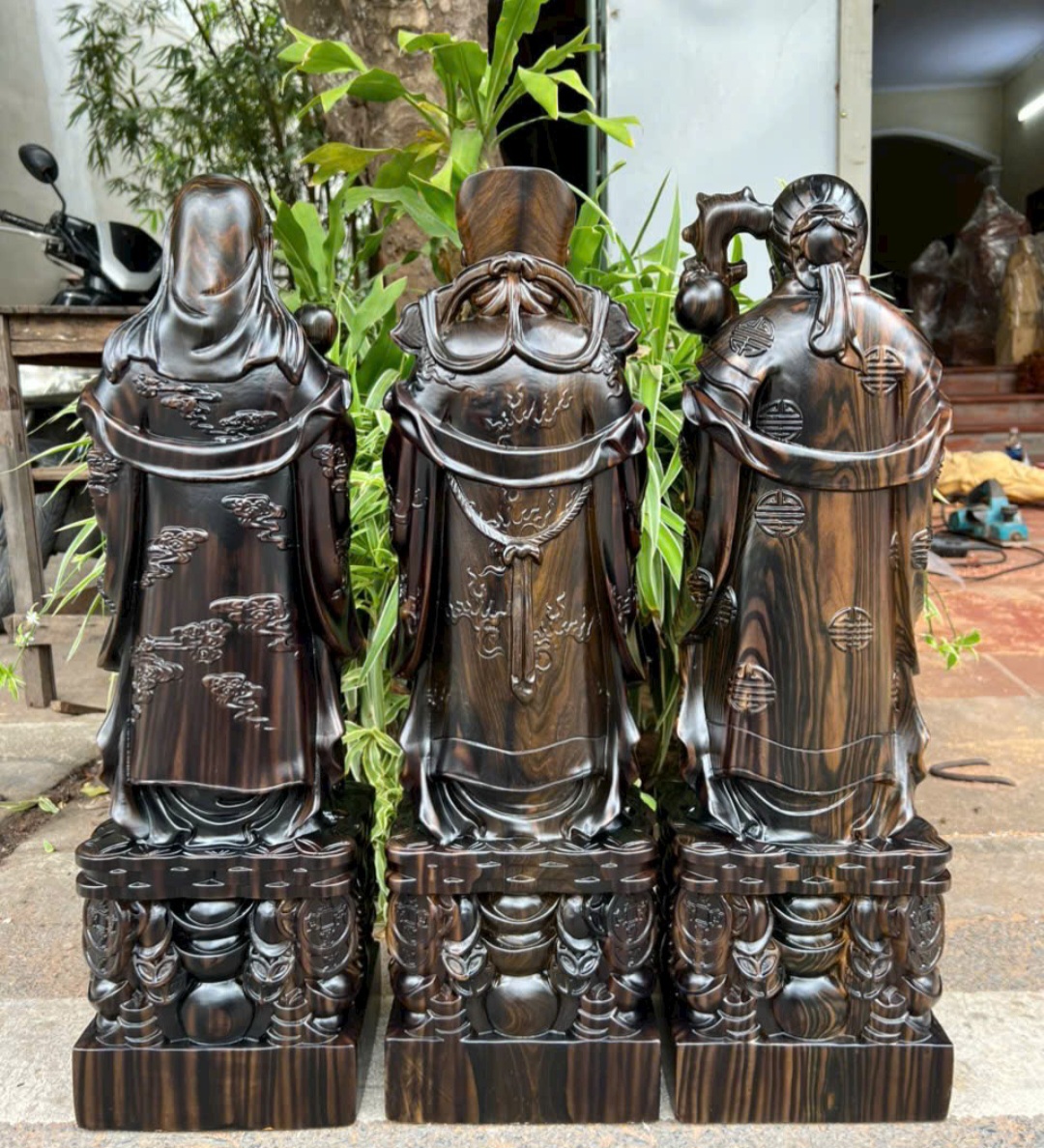 BỘ TƯỢNG PHẬT TAM ĐA PHÚC LỘC THỌ BẰNG GỖ MUN HOA KT CAO 30×11×9CM