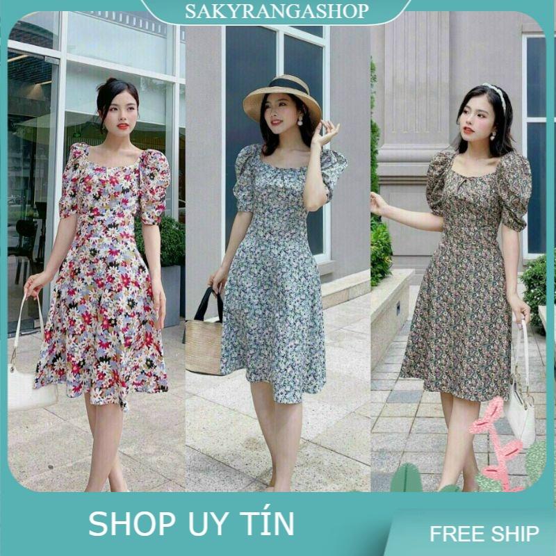 ĐẦM XOÈ LỤA HOA CỔ VUÔNG TAY PHỒNG