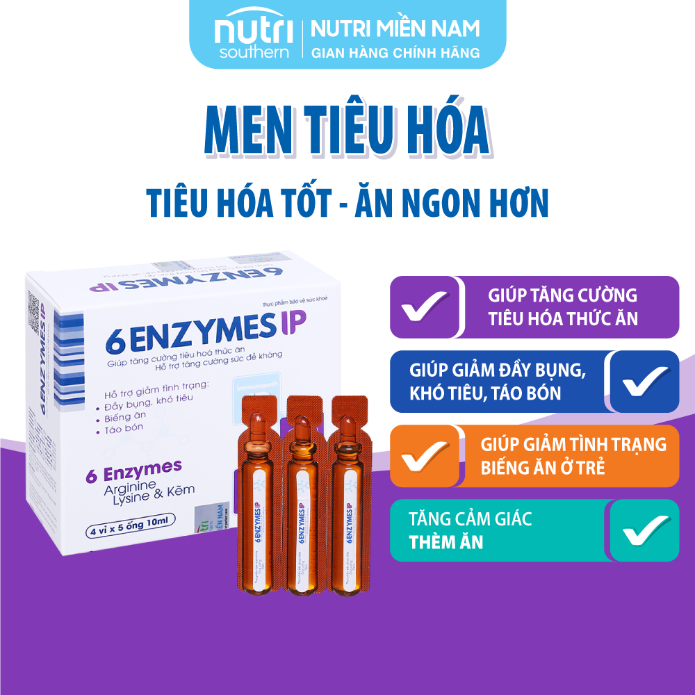 Men tiêu hóa 6 ENZYMES IP - Hỗ trợ tăng cường tiêu hóa với 6 loại enzyme thiết yếu, giúp ăn ngon, giảm táo bón (hộp 20 ống x 10ml)