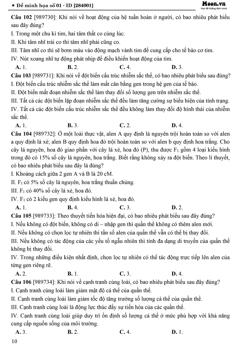 50 Đề Minh Họa 2023 Môn Sinh Học + Tặng Phiếu Trắc Nghiệm 40 Câu  _MOON