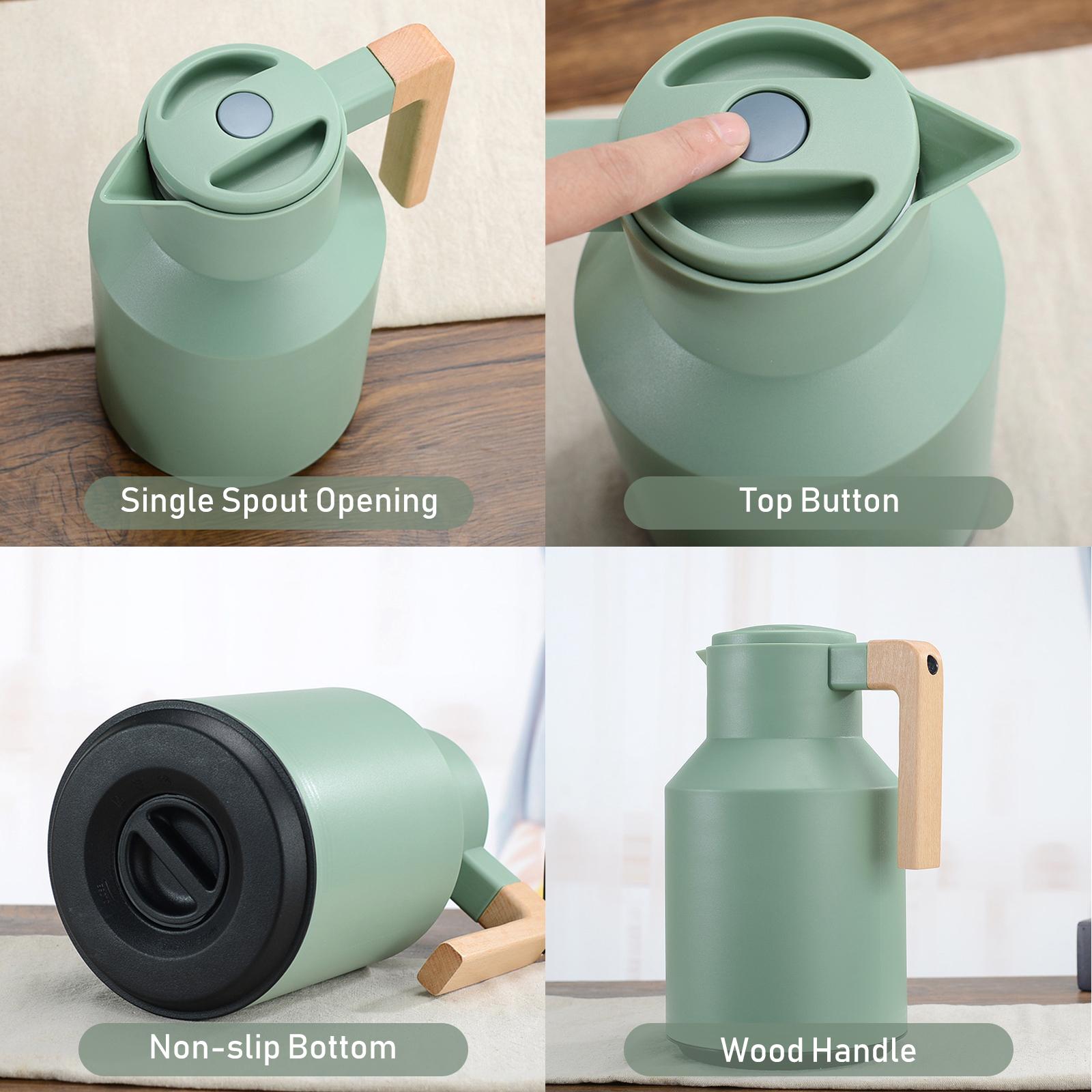1L Thermal Coffee Carafe Double Wall Vacuum Coffee Pot Tea Carafe Thermos Pot Wood Handle Water Kettle Insulated Flask