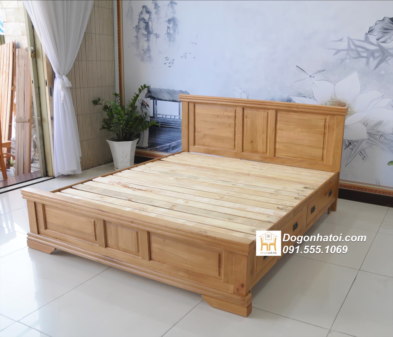 Giường Gỗ Sồi Mỹ Có Ngăn Kéo Hông Giá Rẻ - GN315