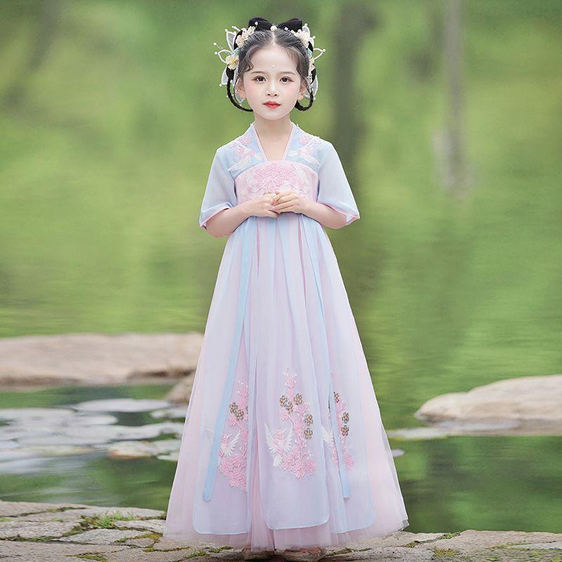 DONGSHOP Cô gái Hán phục mùa hè 2023 Cổ phong siêu tiên trẻ em Trung Quốc phong cách ăn mặc mùa hè cổ trang Đường trang phục mùa hè