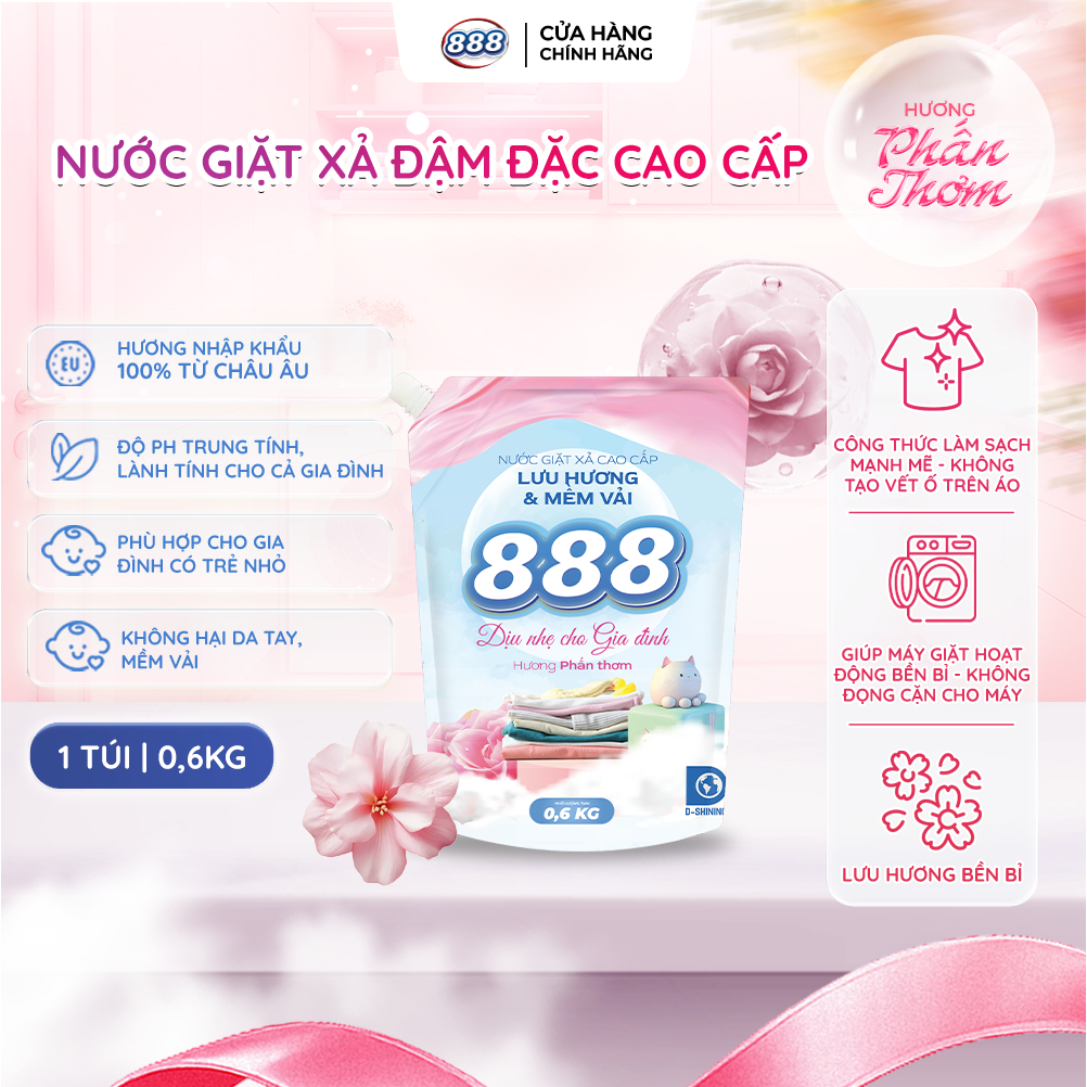 Combo 4 Túi Nước Giặt Xả 888 Hương Phấn Thơm Cao Cấp 0.6kg/Túi