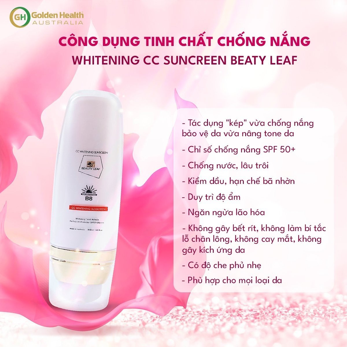 Kem Chống Nắng Beauty Leaf SPF50+ 50ml, Tinh Chất Chống Nắng Nâng Tone,Chống Nước Ngăn Chặn Và Bảo Vệ Da Dưới Tác Hại Của Tia UVA, UVB Từ Ánh Nắng Mặt Trời Beauty Leaf CC Whitening Sunscreen