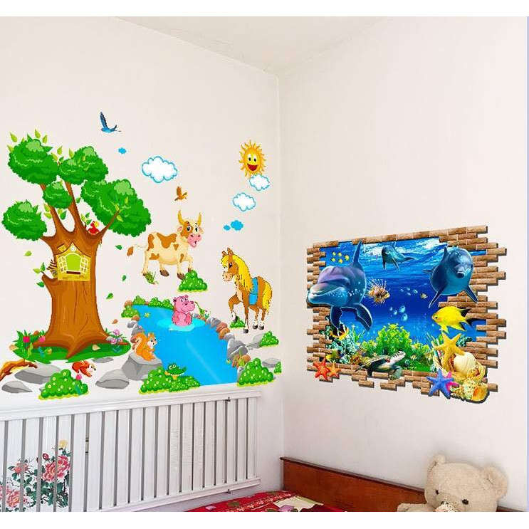 Decal dán tường thước đo hươu vàng và Cá heo 3D - HP400