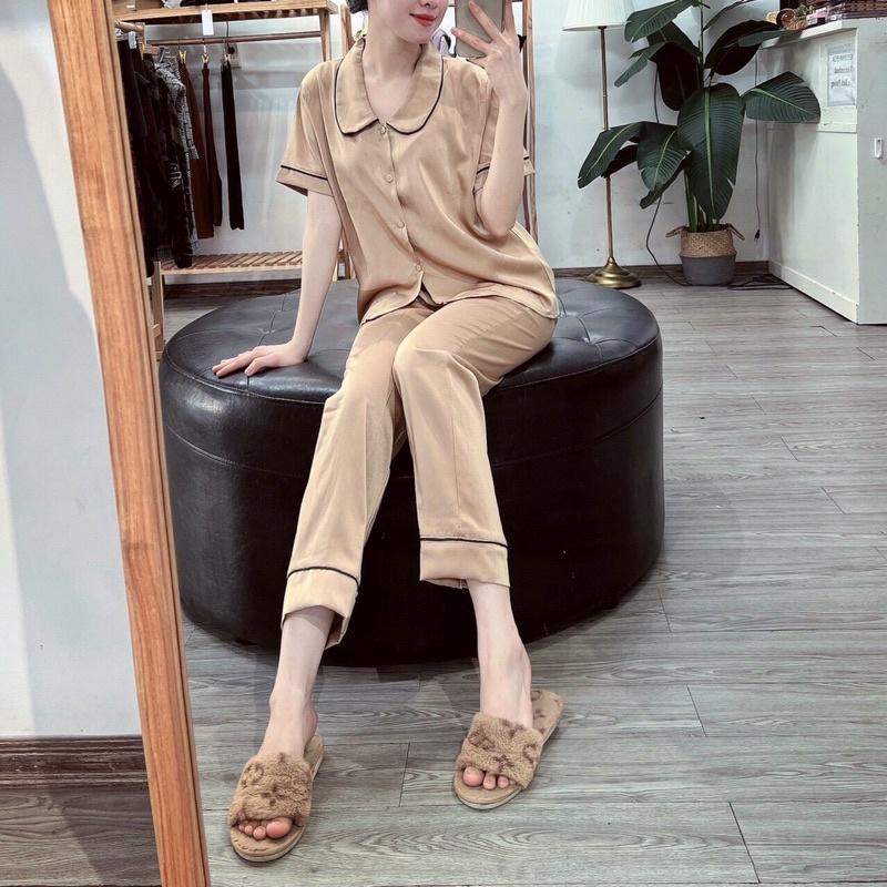 Bộ đồ ngủ Pijama lụa trơn dài cộc tay cổ sen siêu hot