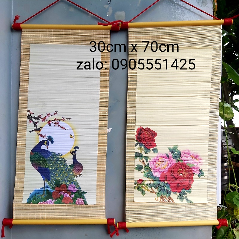 Bộ 4 mành tre viết thư pháp có in cảnh kích thước 30cm x 70cm