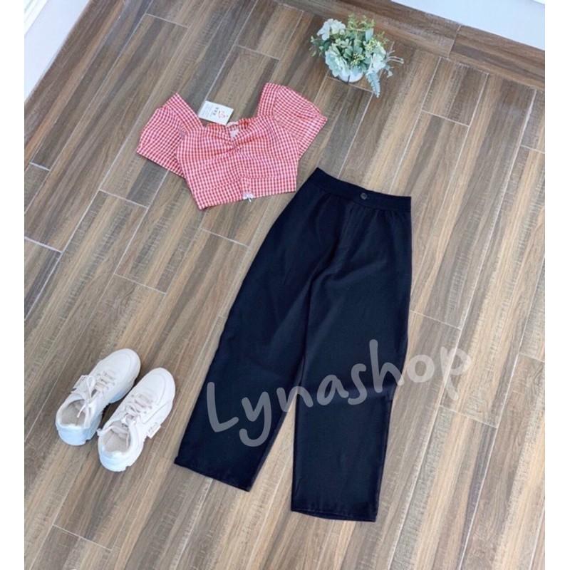 sét đồ nữBộ Quần Culottes Áo Croptop Kẻ Đỏ  Set Nữ Quần Dài Áo Ngắn Cộc Tay  set quần áo xinh mặc lên cực sang chảnhh