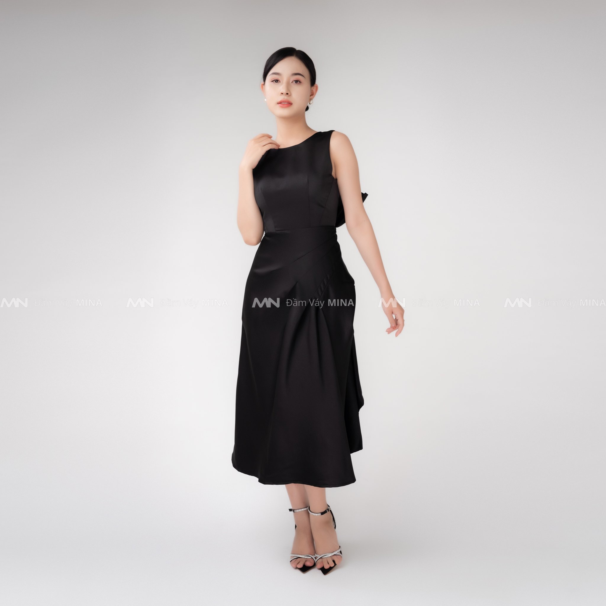 Đầm dự tiệc đầm sang trọng dáng xoè hở lưng nơ Taffeta cao cấp MN104 - Đầm Váy Mina