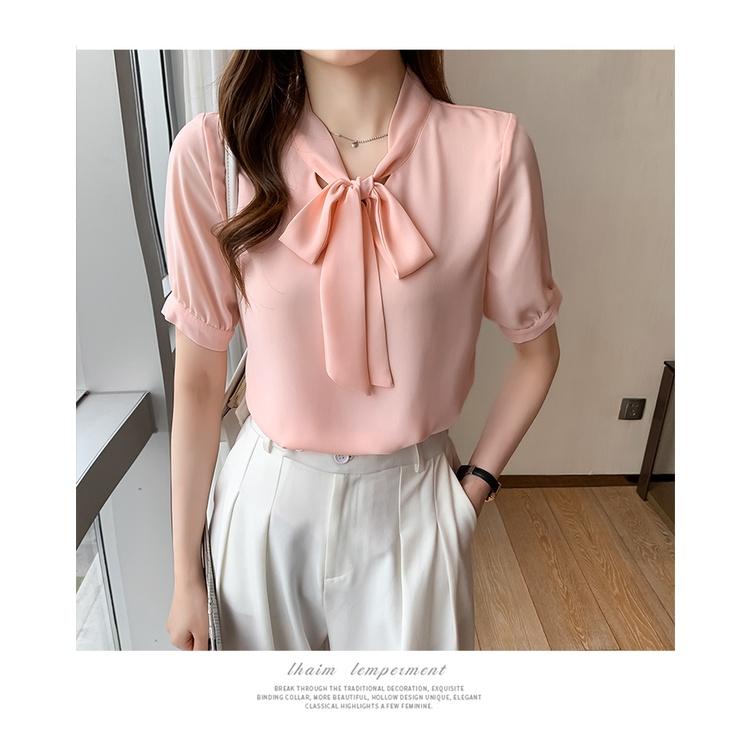 Áo sơ mi cổ thắt nơ màu trắng, hồng, tay phồng ngắn, thời trang công sở nữ Quyên fashion AA580