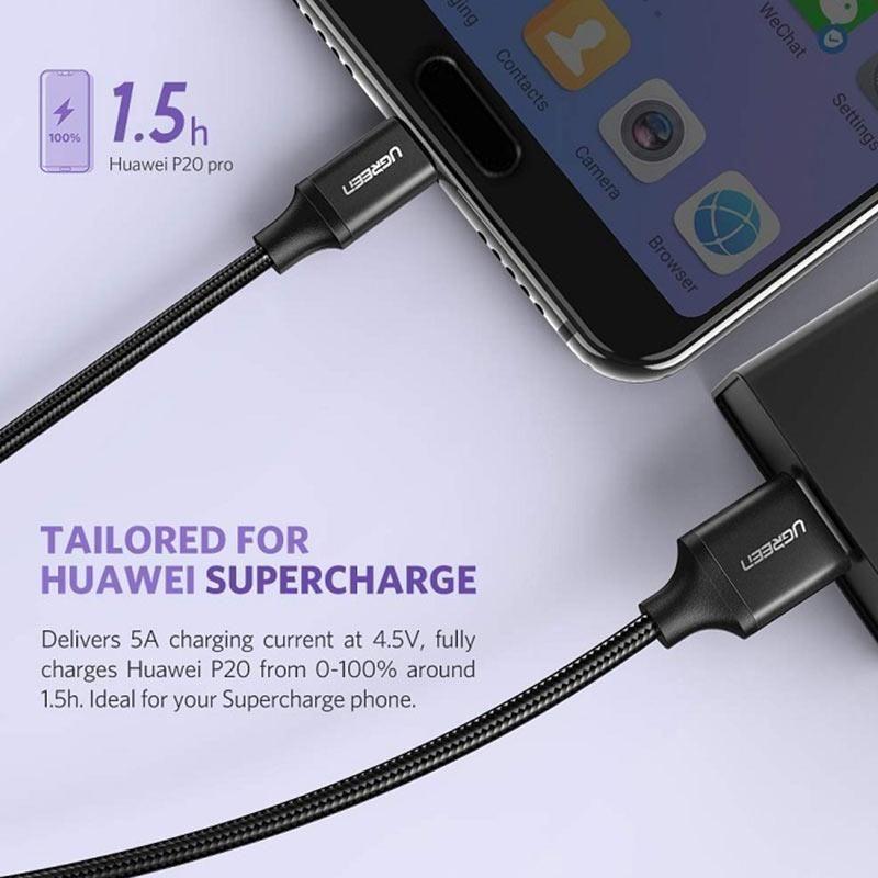 Ugreen UG60728US279TK 0.25M 5a qc3.0 USB A sang type C 2.0 màu đen cáp sạc và truyền dữ liệu từ máy tính ra điện thoại dài 25cm - HÀNG CHÍNH HÃNG