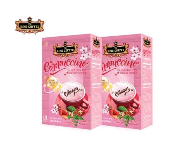 Cà Phê Hòa Tan Cappuccino Collagen Sakura Strawberry KING COFFEE-Hộp 12 gói x 20g - Hương Vị Dâu với Lớp bọt kem cực mịn