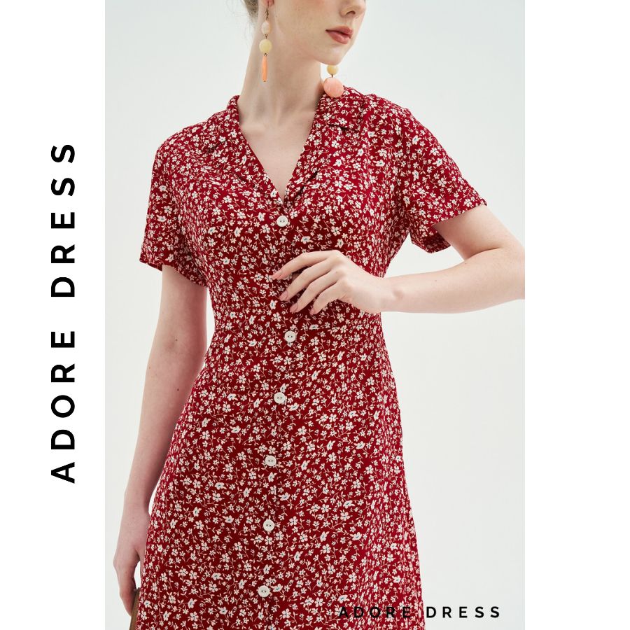 Đầm Mini dresses casual style lụa hoa nhí đỏ khuy bọc 311DR1034 ADORE DRESS