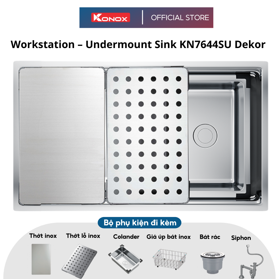 Chậu rửa bát chống xước KONOX Workstation – Undermount Sink KN7644SU Dekor - Bảo hành chính hãng 10 năm