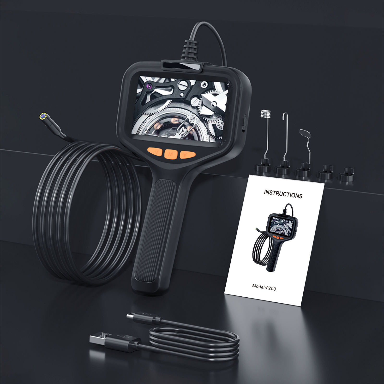 Camera Nội Soi Đường Ống Công Nghiệp Màn hình IPS 4,3 inch HD 1080P Đèn LED 2600mAh Dây Cứng P200 - Hàng Nhập Khẩu