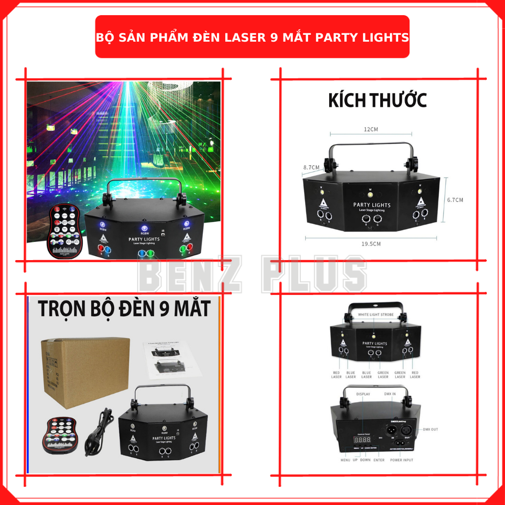 Đèn laser BENZ 9 mắt phiên bản 2023, phòng bay bar karaoke nháy theo nhạc, đèn party lights trang trí sự kiện, sinh nhật