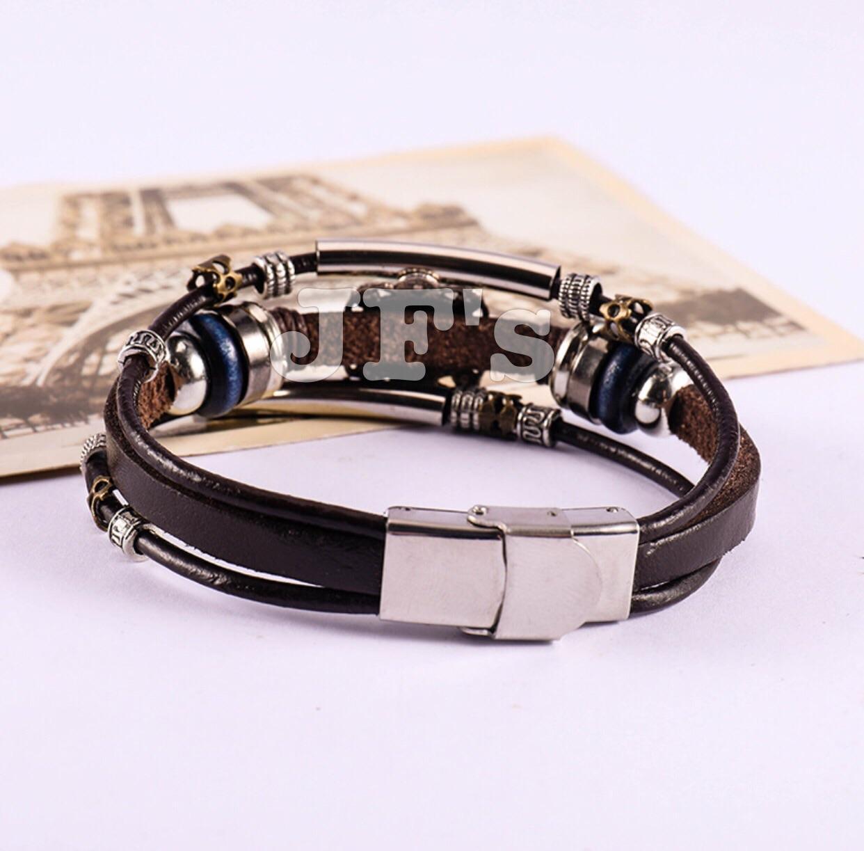 Vòng tay da khoá thép ko gỉ, vòng tay phong cách bohemian unisex