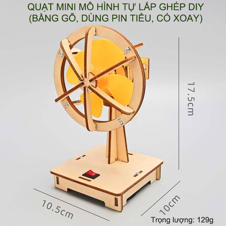 Quạt mini mô hình tự lắp ráp bằng gỗ DIY, dùng pin tiểu, loại có thể quay
