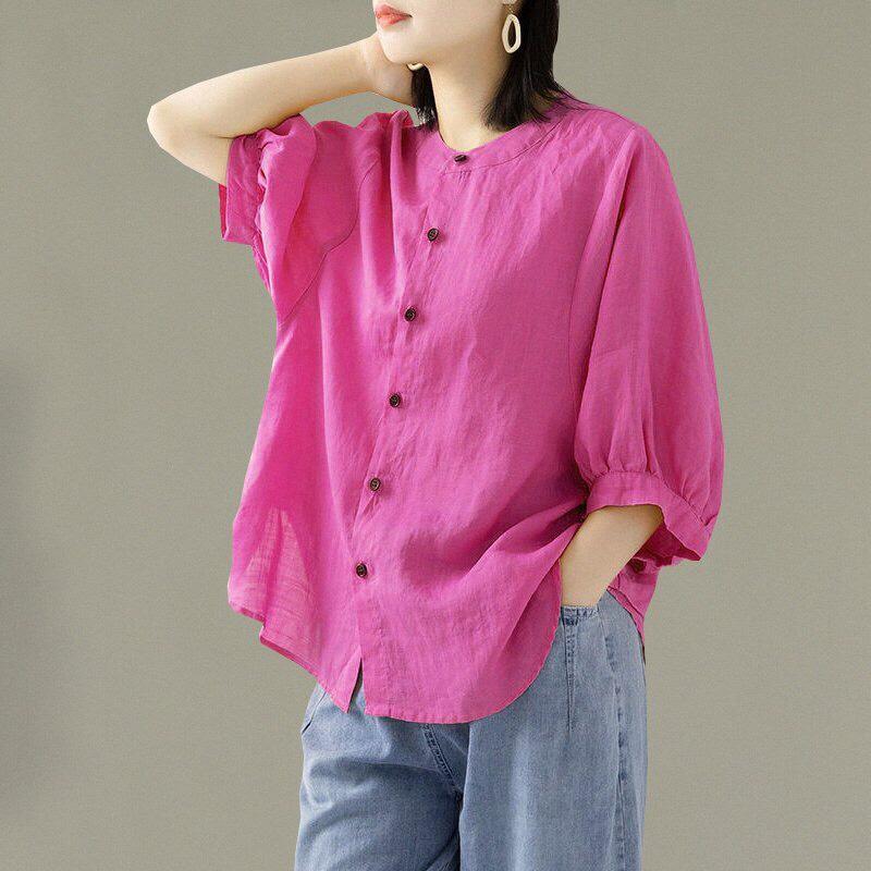 ️Có Big Size️ Áo Sơ Mi Đũi Trơn Nhiều Màu, Mẫu Áo Sơ Mi Nữ Cổ Tròn Vintage Chất Đũi Mềm, Phù Hợp Mọi Độ Tuổi