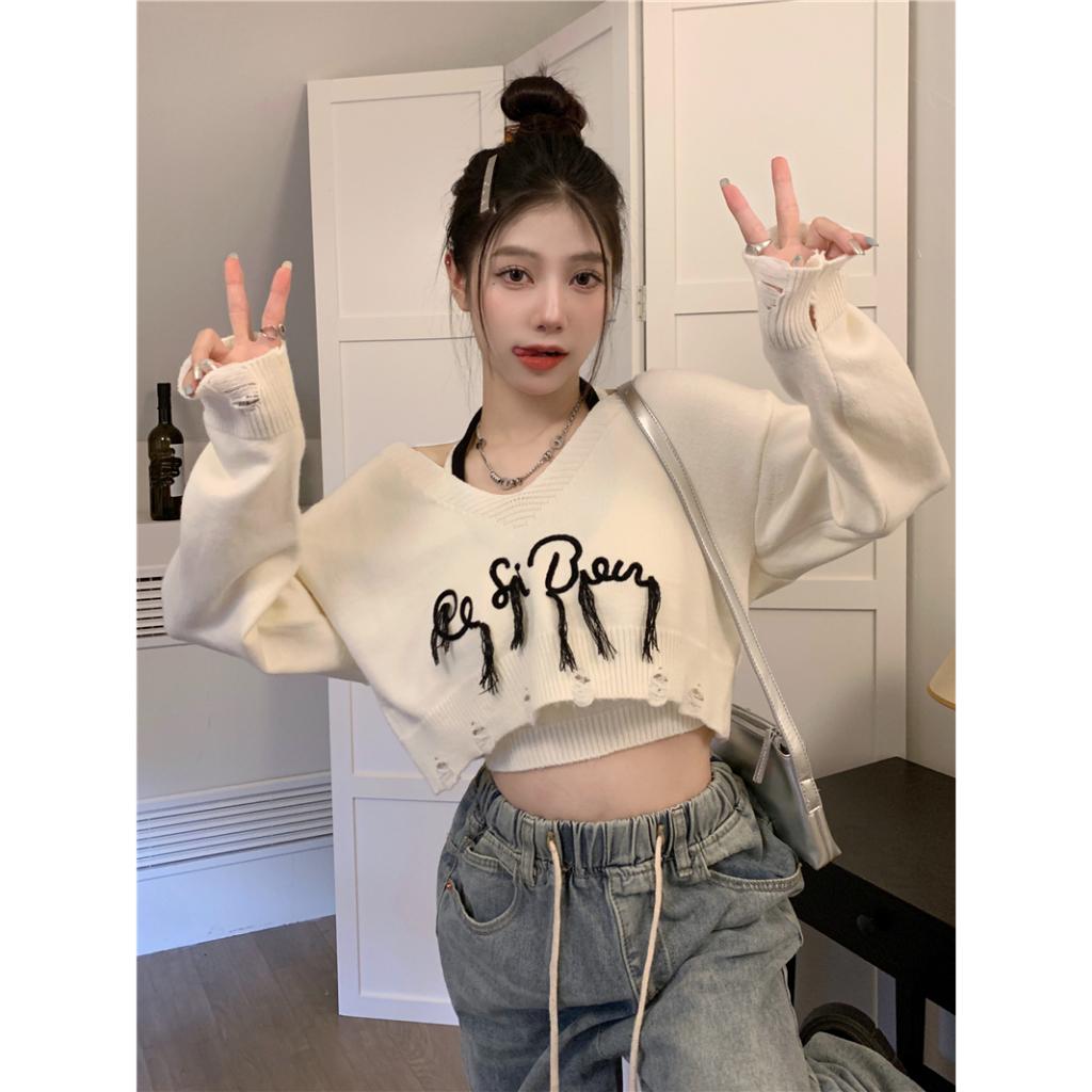 [L2M] Set (2 MÓN) áo CỔ V TUA RUA tay dài kèm áo YẾM Cardigan dệt kim xinh xắn