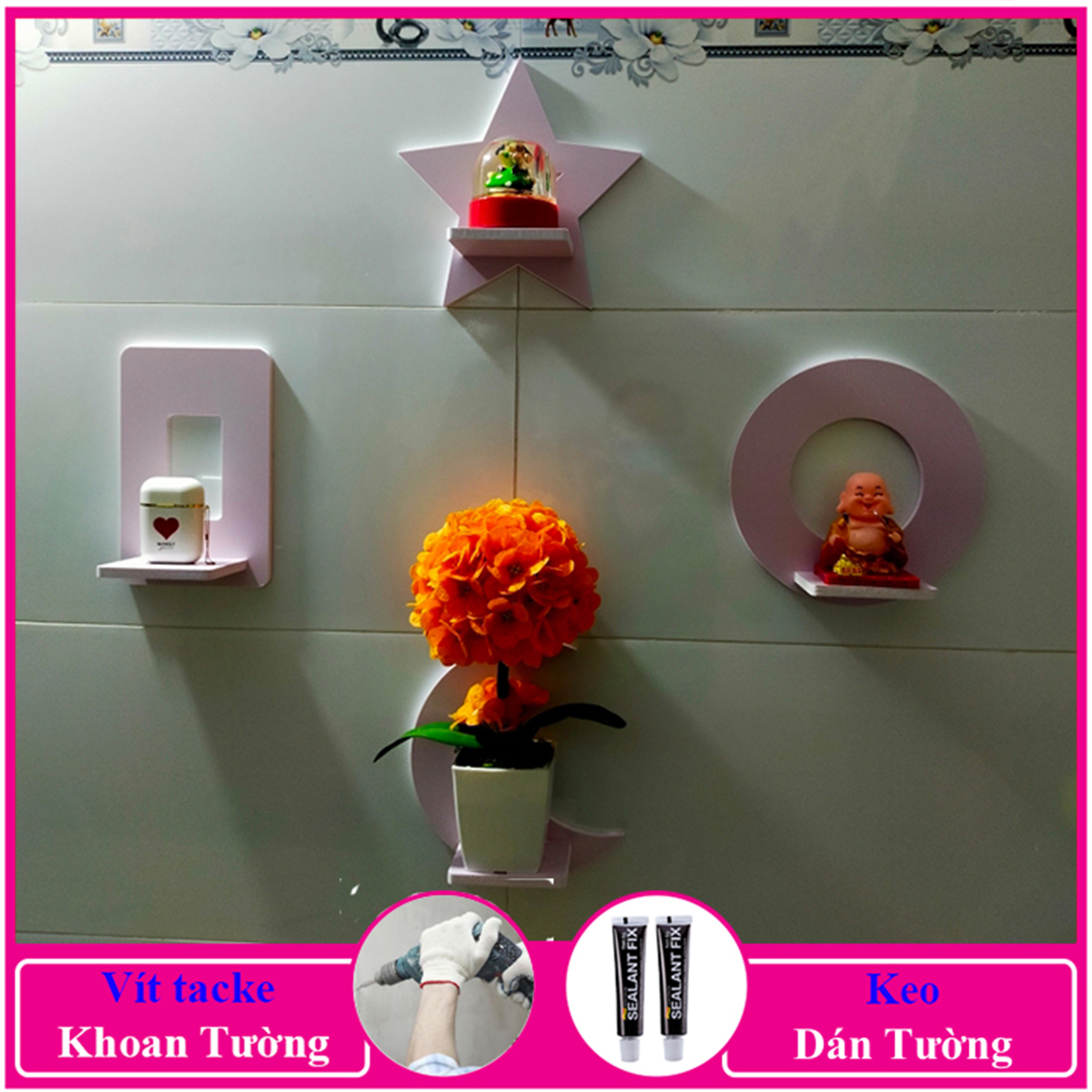 Kệ decor phòng ngủ, Trang trí lớp học, để chậu hoa treo tường, chất liệu gỗ Pitech cao cấp - C16