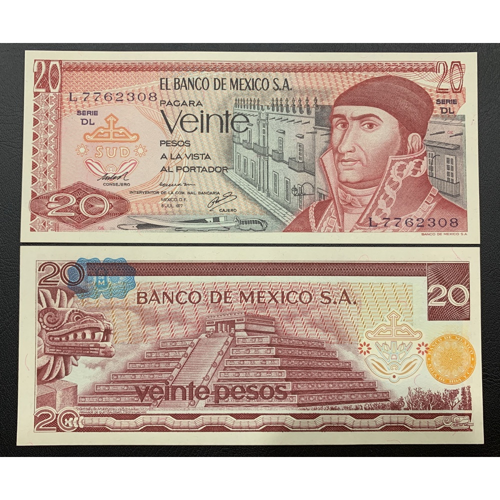 Tờ 20 Pesos của Mexico xưa 1977 sưu tầm , tiền châu Mỹ , Mới 100% UNC