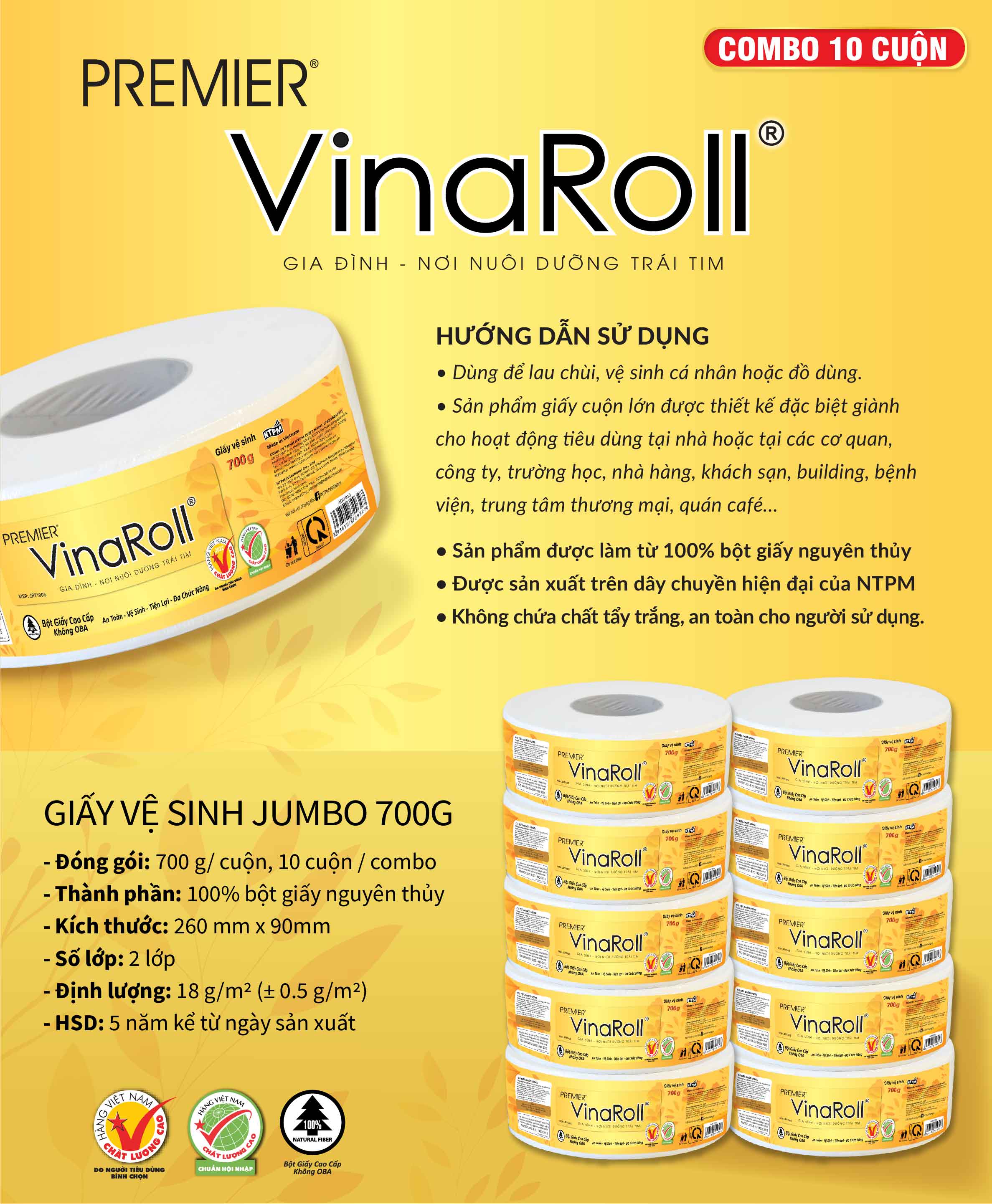 Giấy vệ sinh PREMIER VinaRoll Jumbo 700G - combo 10 cuộn (Giấy vệ sinh cuộn lớn)