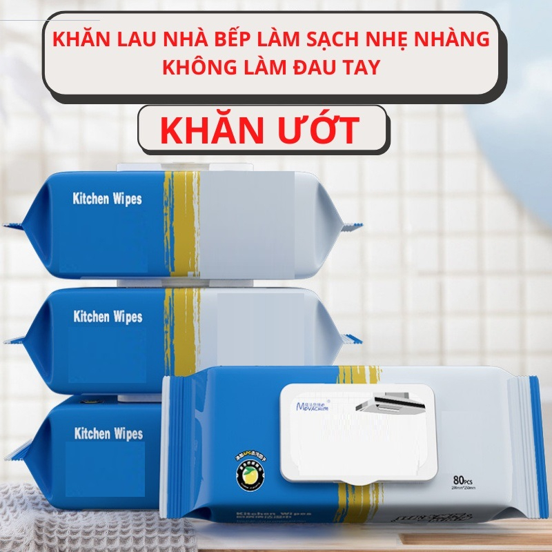 Giấy Ướt Lau Bếp Siêu Sạch Gói 80 Tờ To Chứa Vitamin E Không Độc Hại Không Kích Ứng Da Giúp Loại Bỏ Dầu Mỡ, Khăn Ướt Đa Năng Siêu Dai