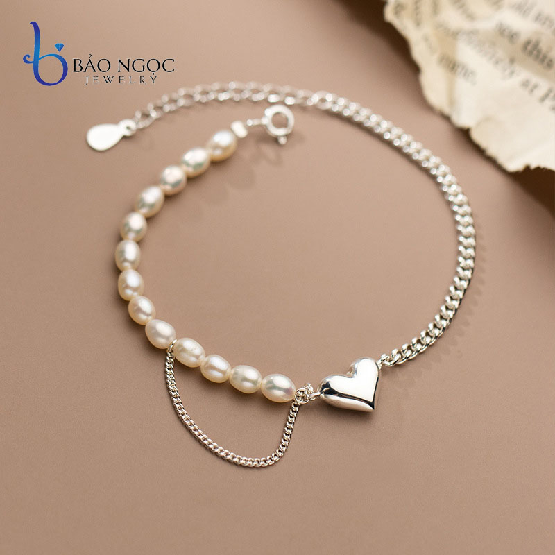 Lắc Tay Bạc Nữ Charm Trái Tim, Lắc Tay Ngọc Trai Nữ 4 Ly Trẻ Trung, Vòng Tay Ngọc Trai Mix Charm Trái Tim Siêu Xinh - LT2817 - Bảo Ngọc Jewelry