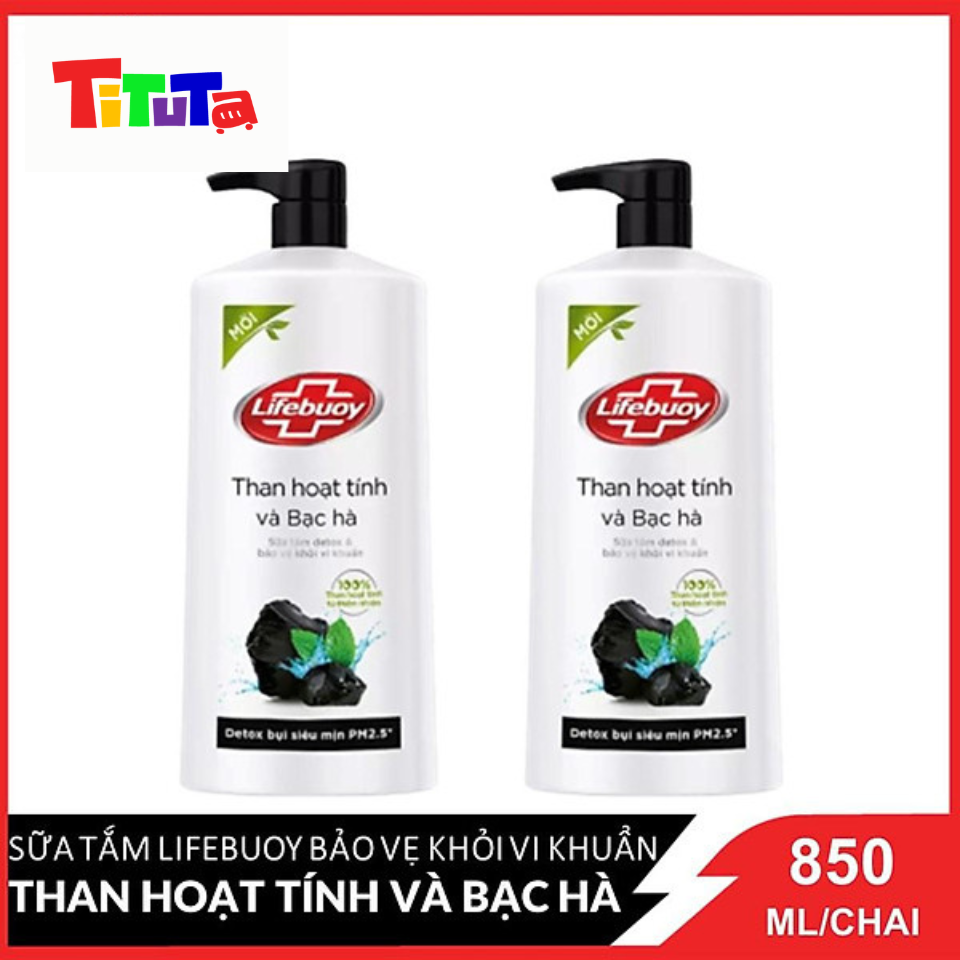 COMBO 2 Chai Sữa tắm Lifebuoy Bảo Vệ Khỏi Vi Khuẩn Than Hoạt Tính Và Bạc Hà (Đen) Chai 850ml x 2