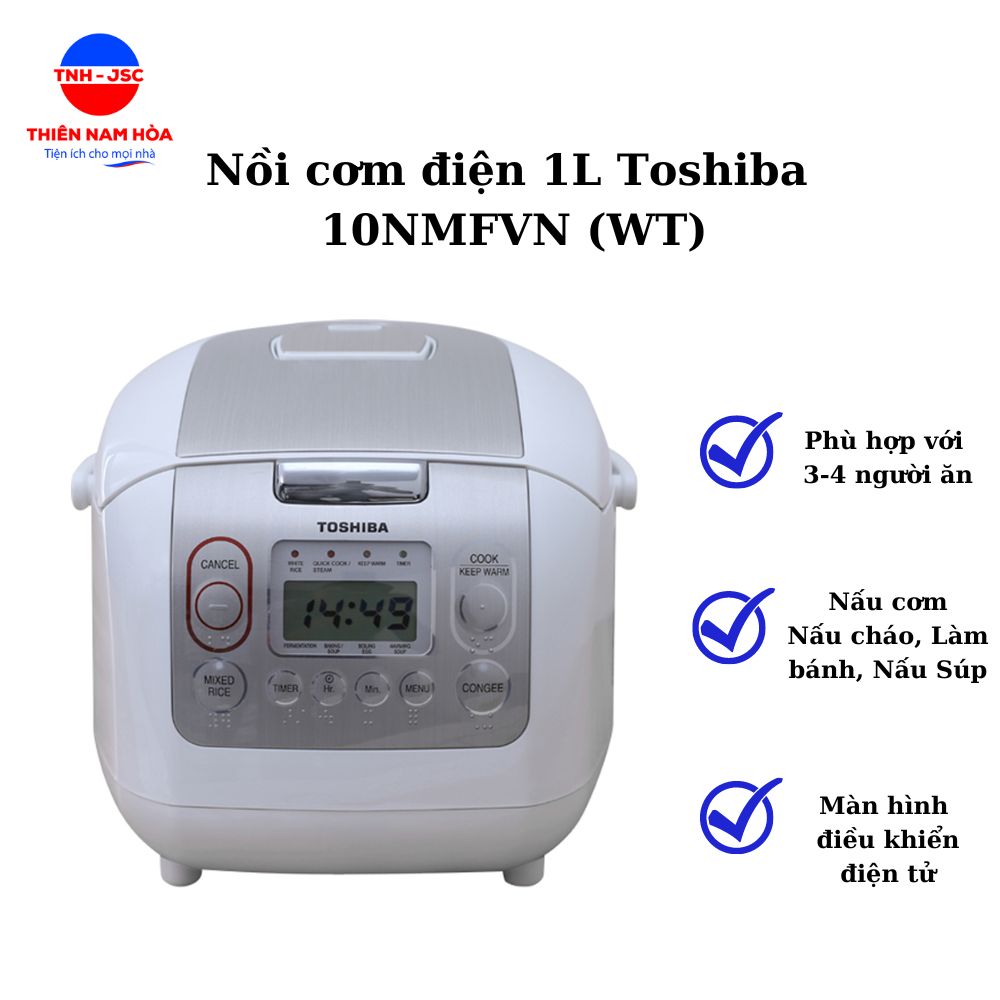 Nồi cơm điện Toshiba 1 lít 10NMFVN - Nấu Cơm, Cháo, Súp, Làm bánh Cho gia đình 3-4 người, bảng điều khiển điện tử - Hàng chính hãng