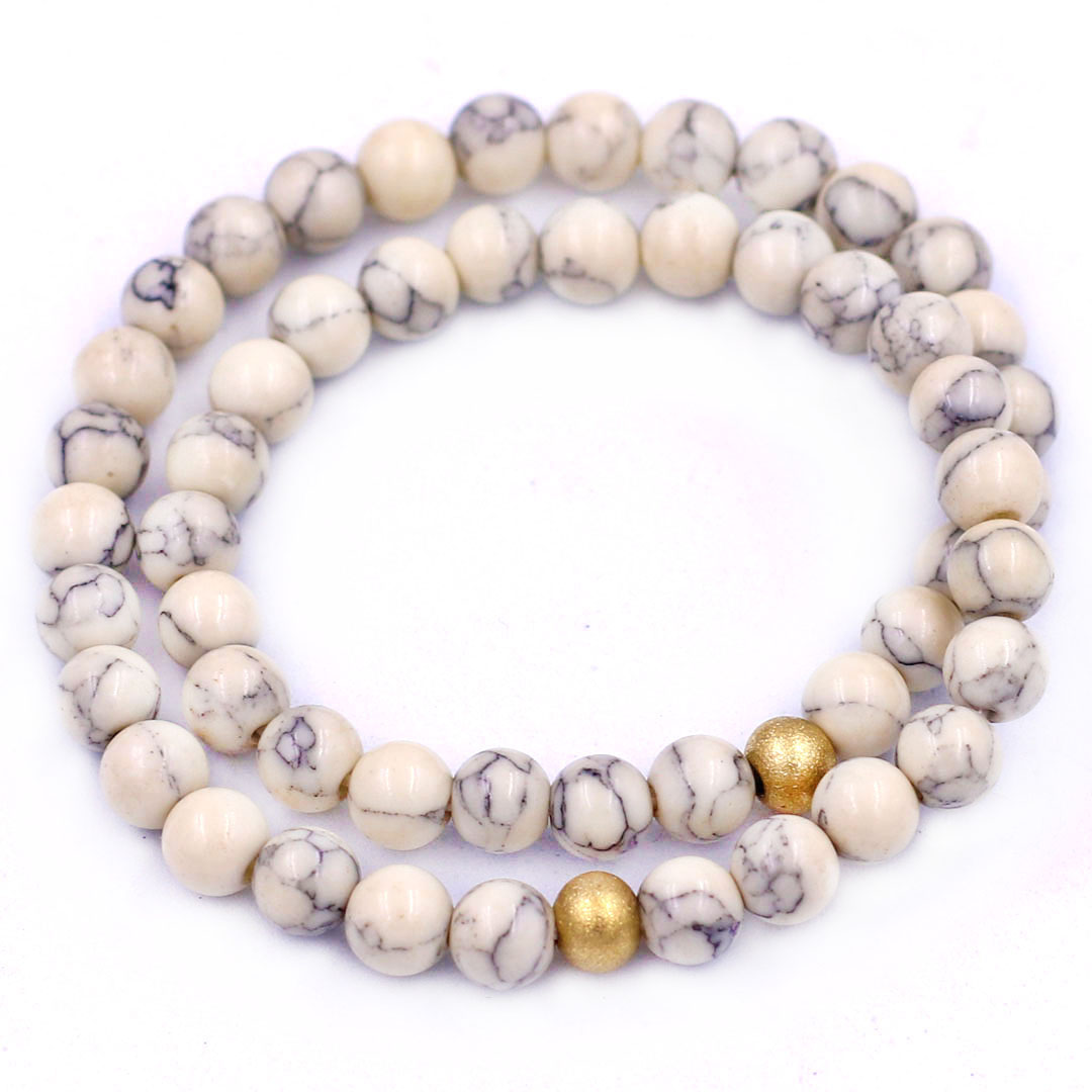 Vòng tay chuỗi đôi đá howlite 6 ly charm bi inox vàng, vòng chuỗi niệm Phật, vòng chuỗi đeo tay