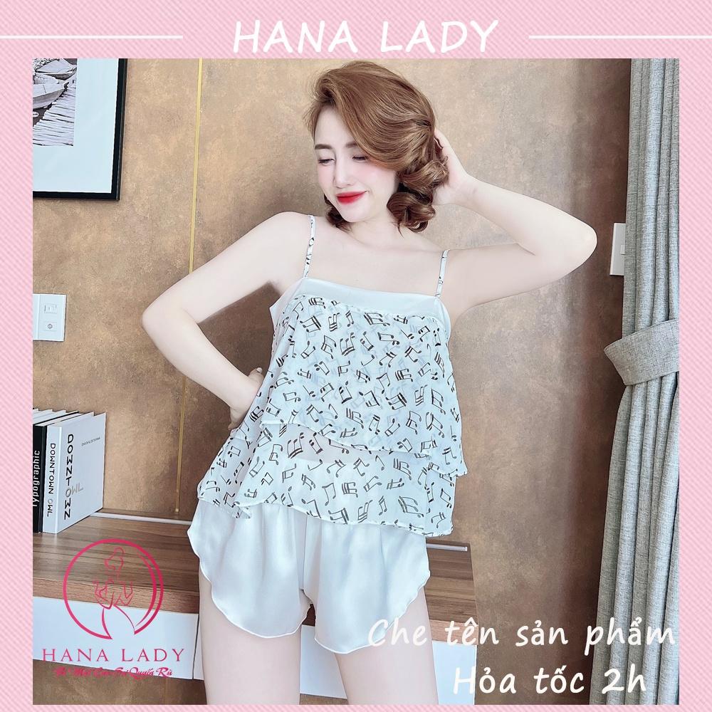 Bộ ngủ 2 dây hoa, đồ ngủ voan lụa họa tiết mặc nhà cao cấp VN500