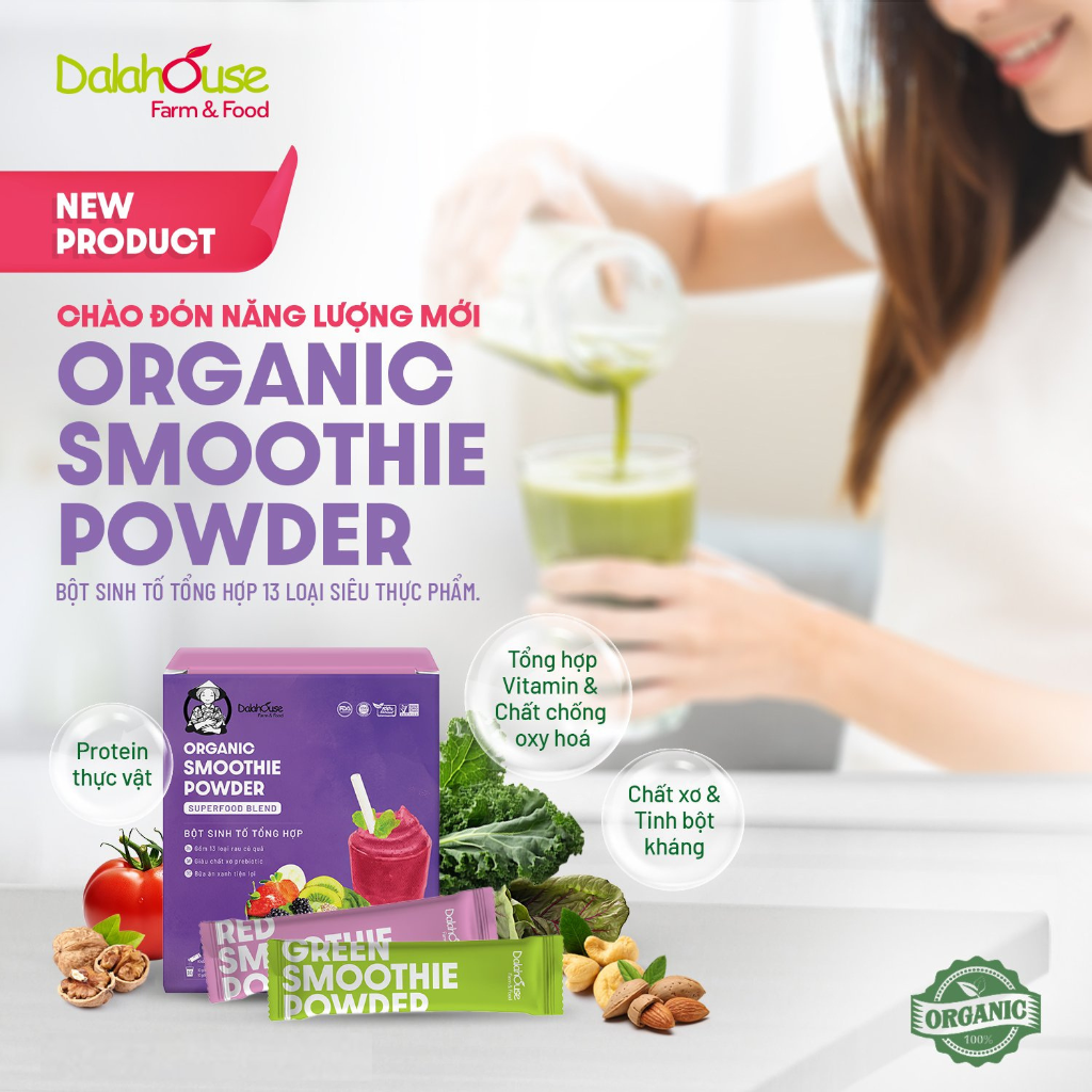 Bột sinh tố tổng hợp Dalahouse/organic smoothie powder hộp 100gr (10 gói) - Bữa ăn xanh tiện lợi giàu chất sơ probiotic