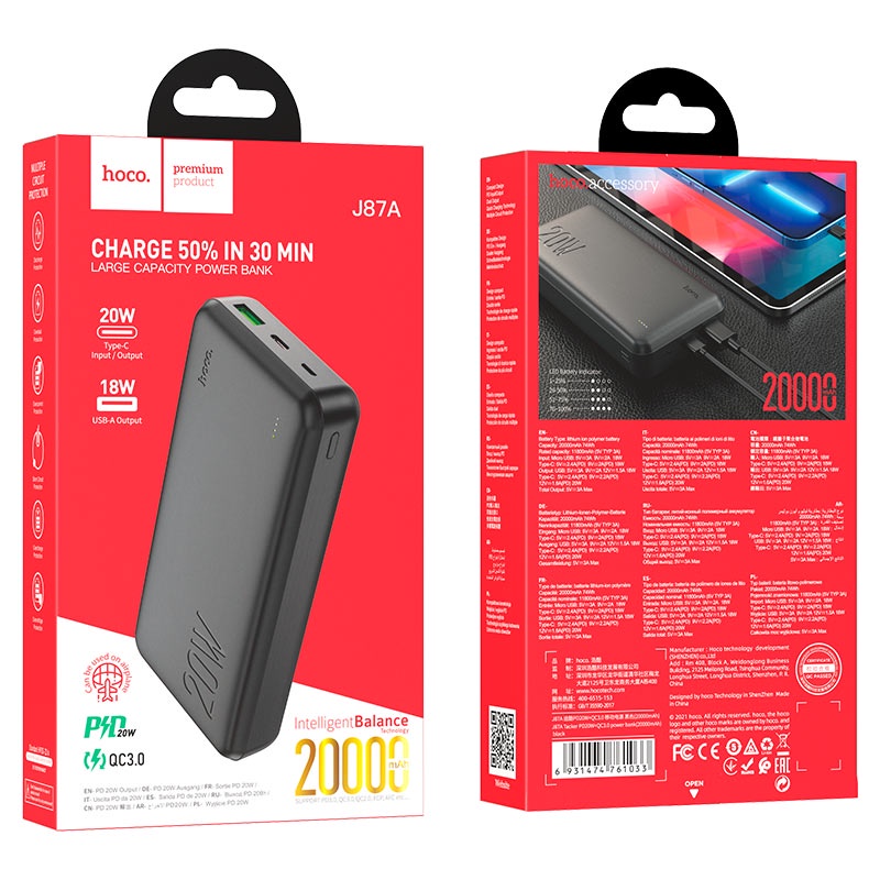 Pin Sạc Dự Phòng Dành Cho Hoco J87A 20000mah, Sạc Nhanh 20W, Pin Lithium Polymer, Nhựa ABS Chống Cháy, Có LED Hiển Thị Nguồn Điện - Hàng Chính Hãng