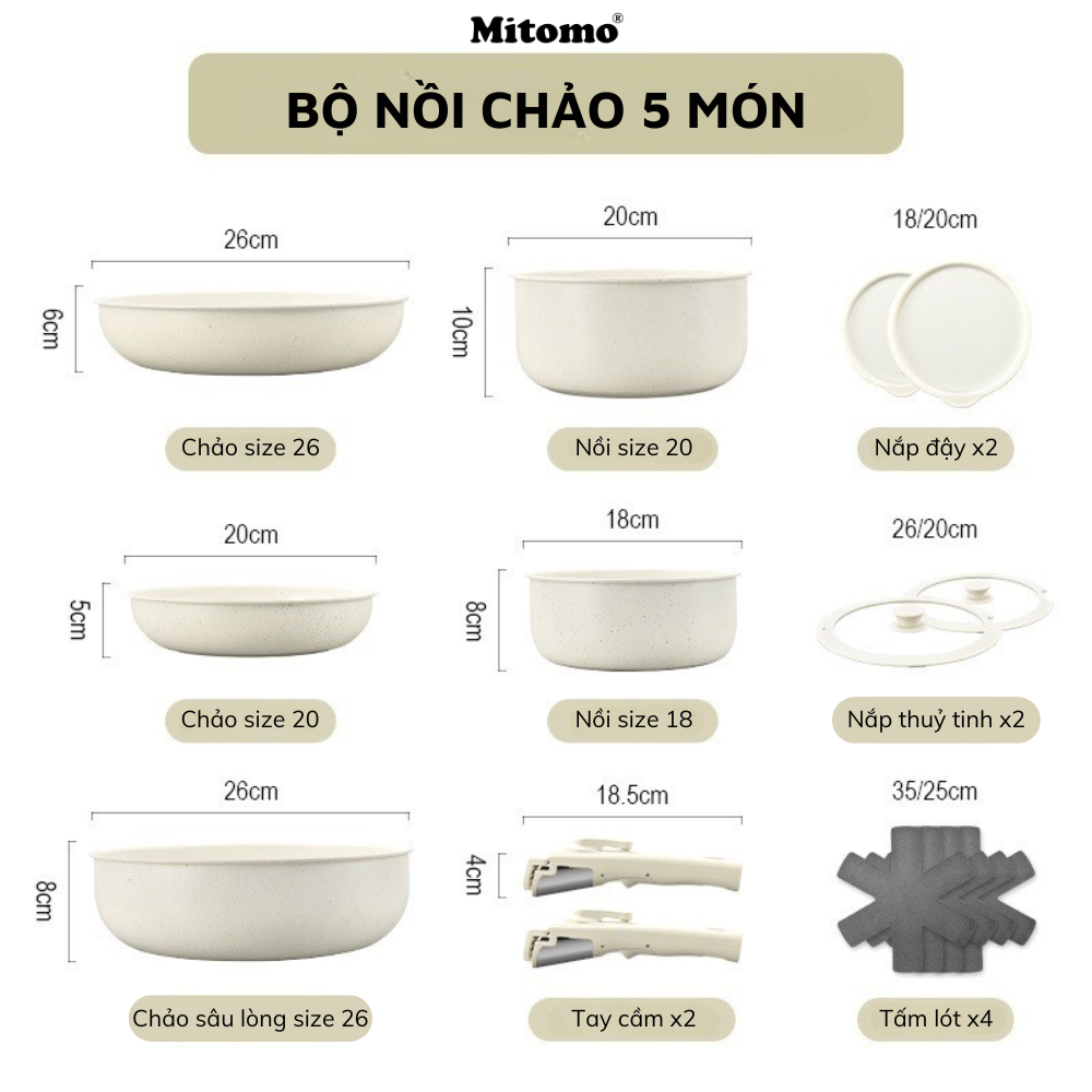 Bộ nồi chảo đá gốm Mitomo chống dính cao cấp 5 món có tay cầm tháo rời, dùng cho mọi loại bếp - Hàng chính hãng