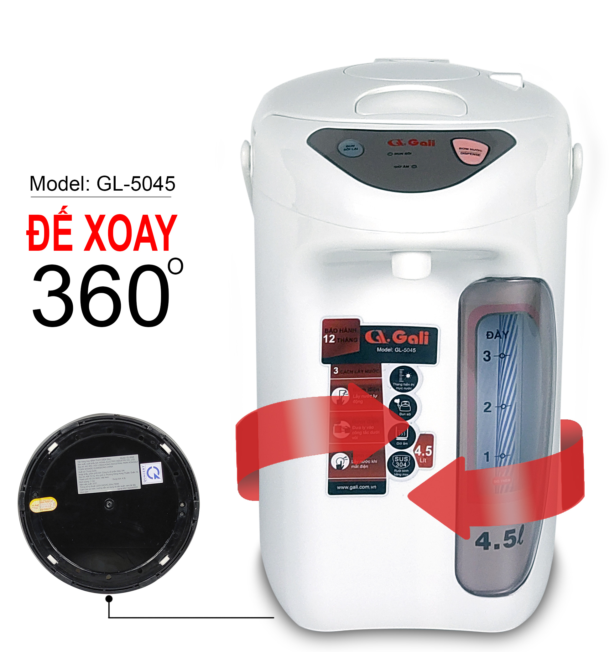 Bình thủy điện Gali GL-5045 dung tích 4.5 lít, phích cấu tạo 2 lớp thân ngoài nhựa, ruột inox 304, hàng chính hãng 100% Gali, bảo hành 24 tháng