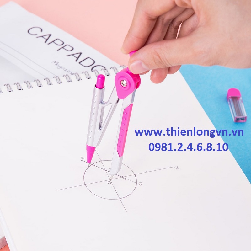 Compa chì kim + hộp ruột Deli 8616 màu hồng