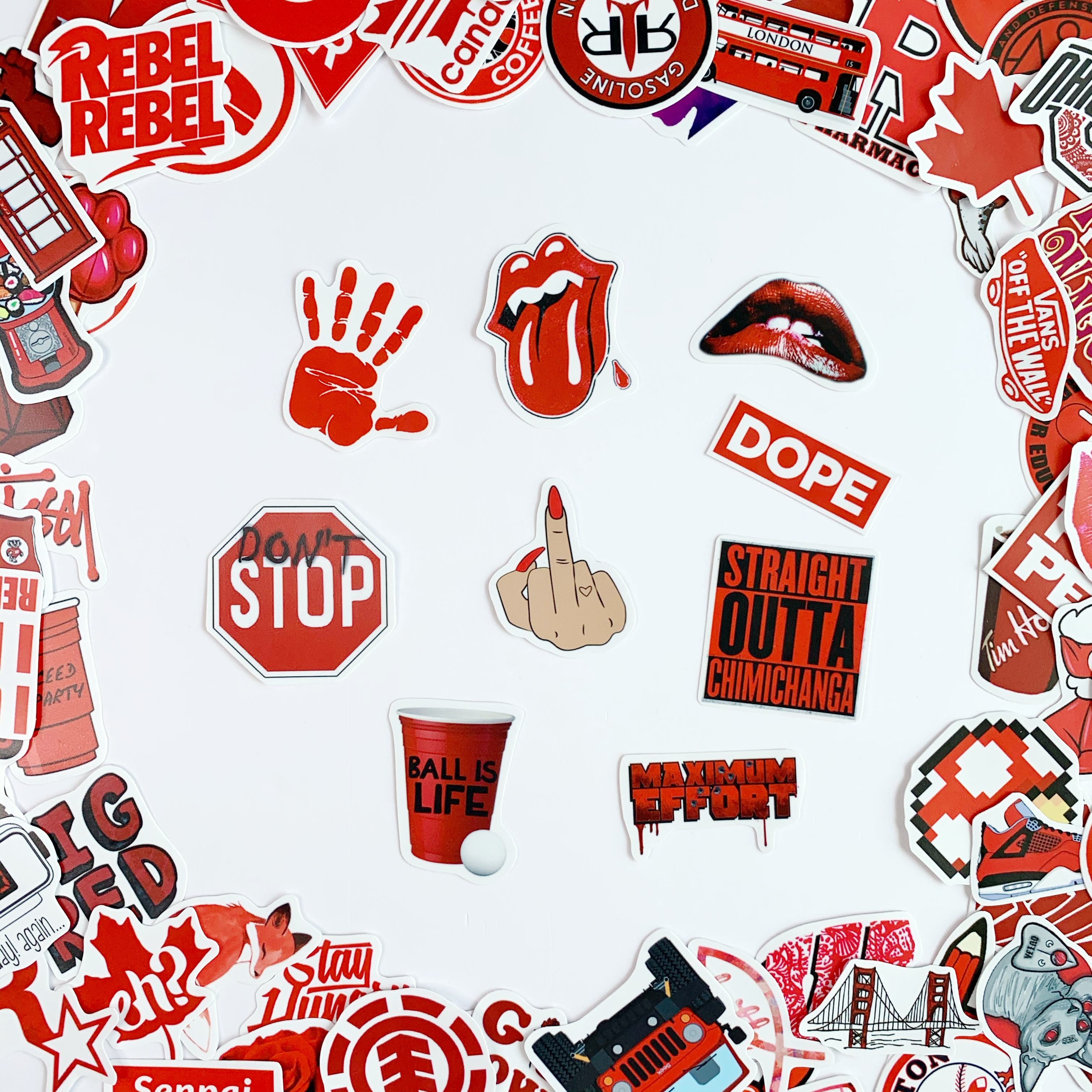 Sticker Màu Đỏ Red Ngẫu Nhiên - Chất Liệu PVC Chất Lượng Cao Chống Nước - Kích Thước 4-8cm