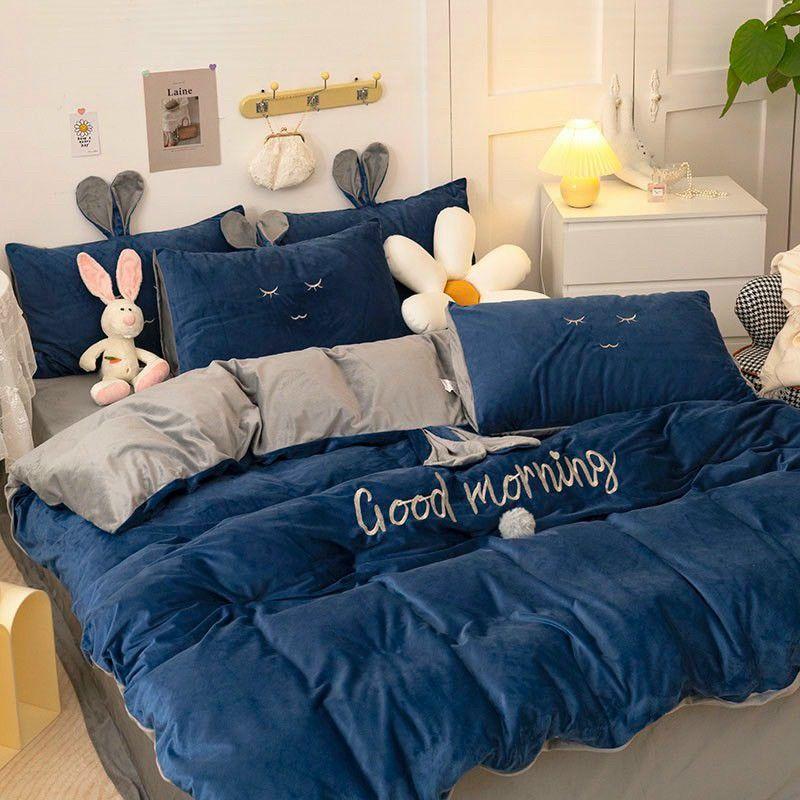 Bộ Chăn Ga Gối Nỉ Nhung Tai Thỏ 4 Món