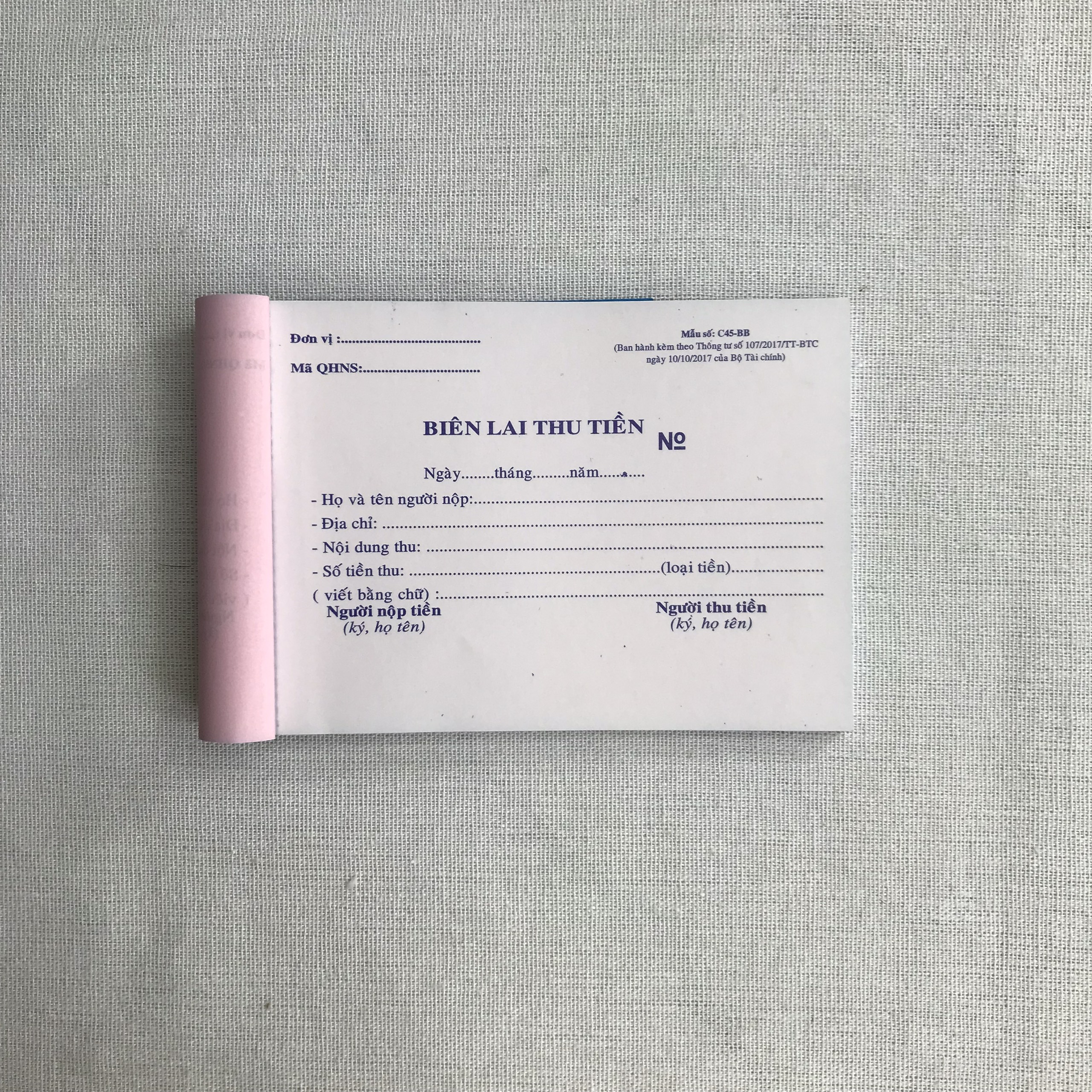 BIÊN LAI THU TIỀN 2 LIÊN 30 BỘ