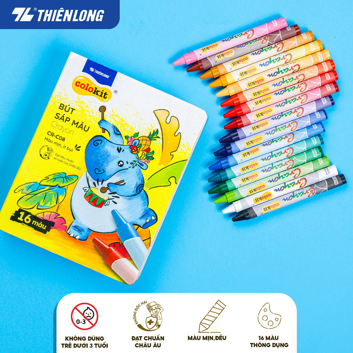Bút sáp màu Thiên Long Colokit 16 màu mịn, ít bụi, đều màu tiêu chuẩn Châu Âu an toàn cho trẻ em tô màu, vẽ tranh CR-C08