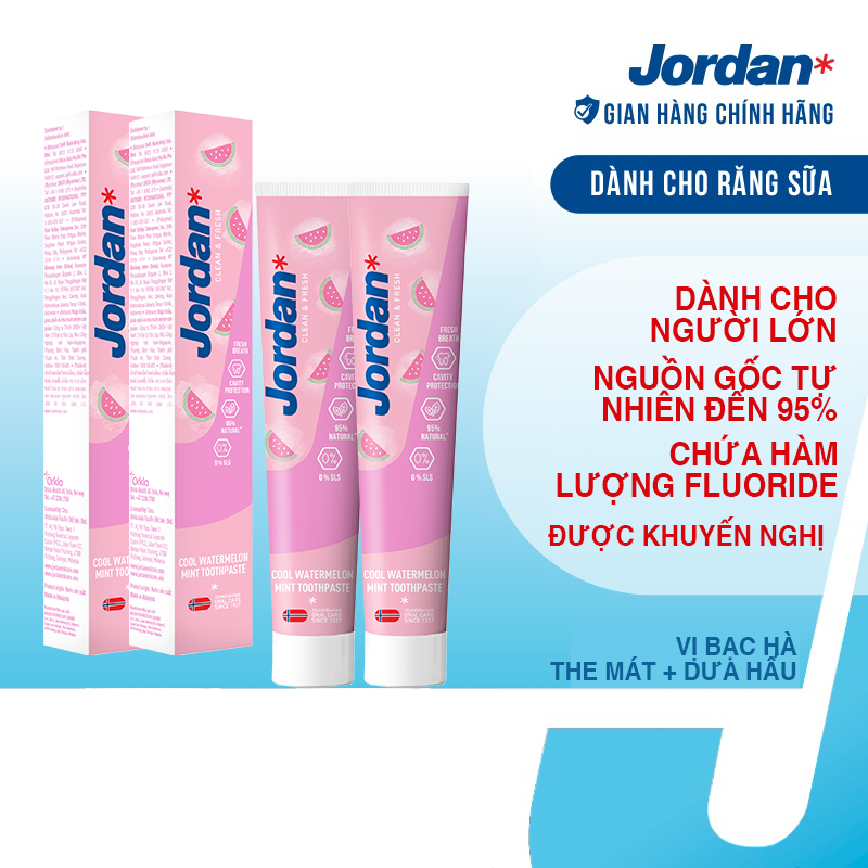 Combo 2 Kem đánh răng cho ngưởi lớn vị bạc hà dưa hấu Jordan Clean &amp; Fresh Cool - 75g