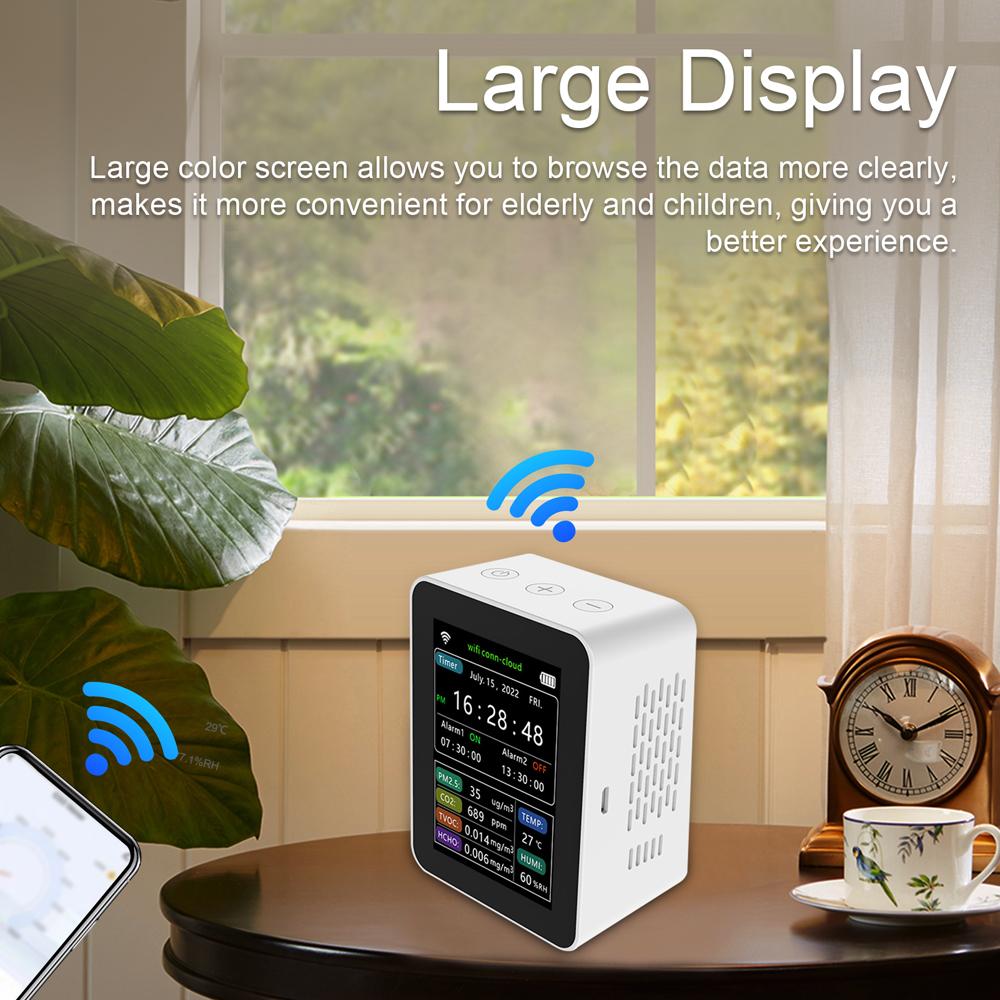 Tuya WiFi Intelligent Air Quality Detector PM2.5 CO2 TVOC HCHO Temperature Humidity 6 In 1 Detector Time Date Week Display Mobilephone APP Remotes Viewing 2 Sets Alarm Clock Home Indoor Desktop Air Quality Monitor