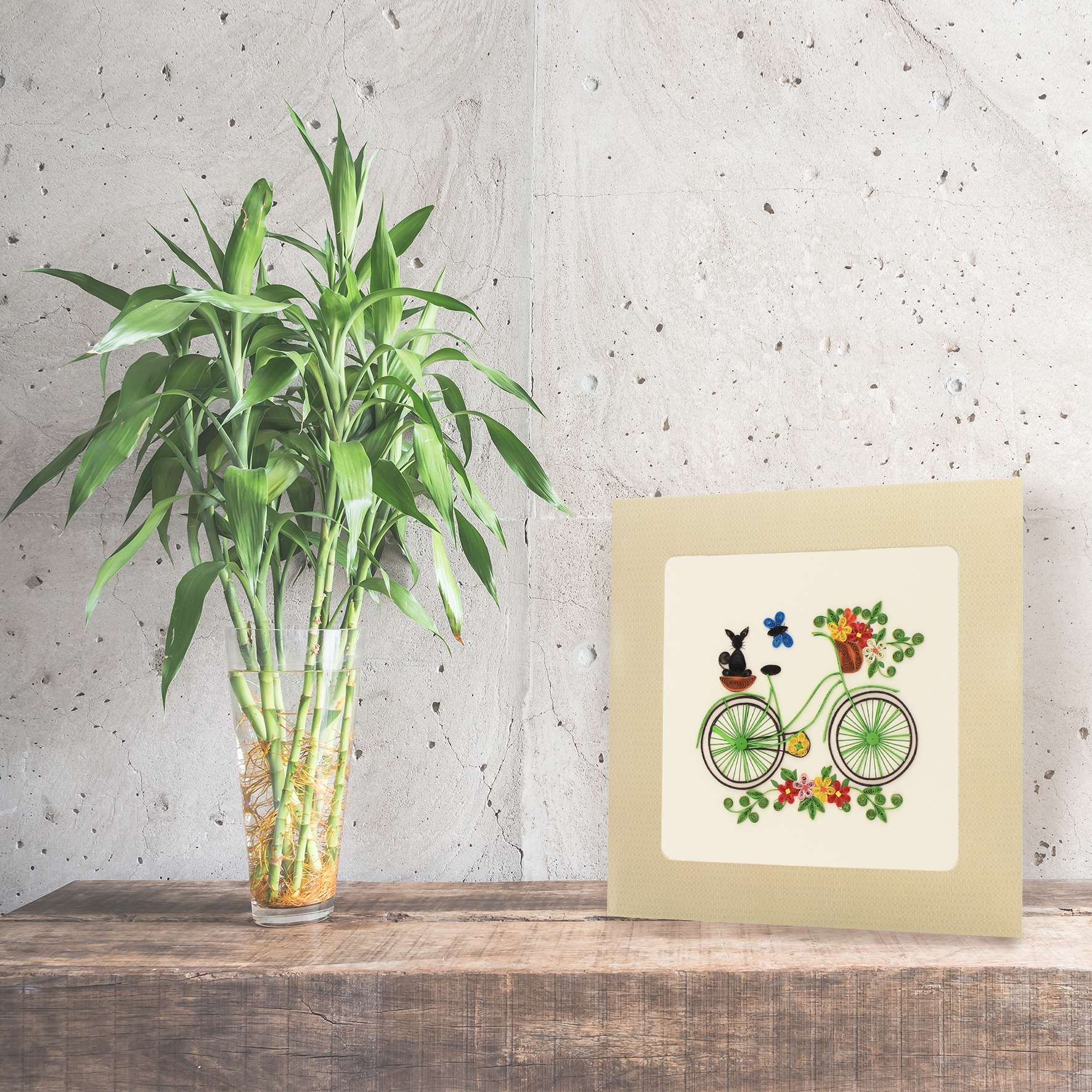 Thiệp Chúc Giấy Xoắn Thủ Công (Quilling Card) Xe Đạp Giỏ Hoa - Tặng Kèm Khung Giấy Để Bàn