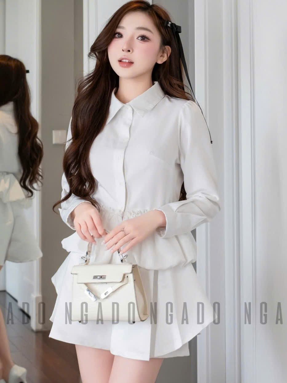 Áo sơ mi trắng tay dài bo eo NGADO , áo kiểu , áo sơ mi