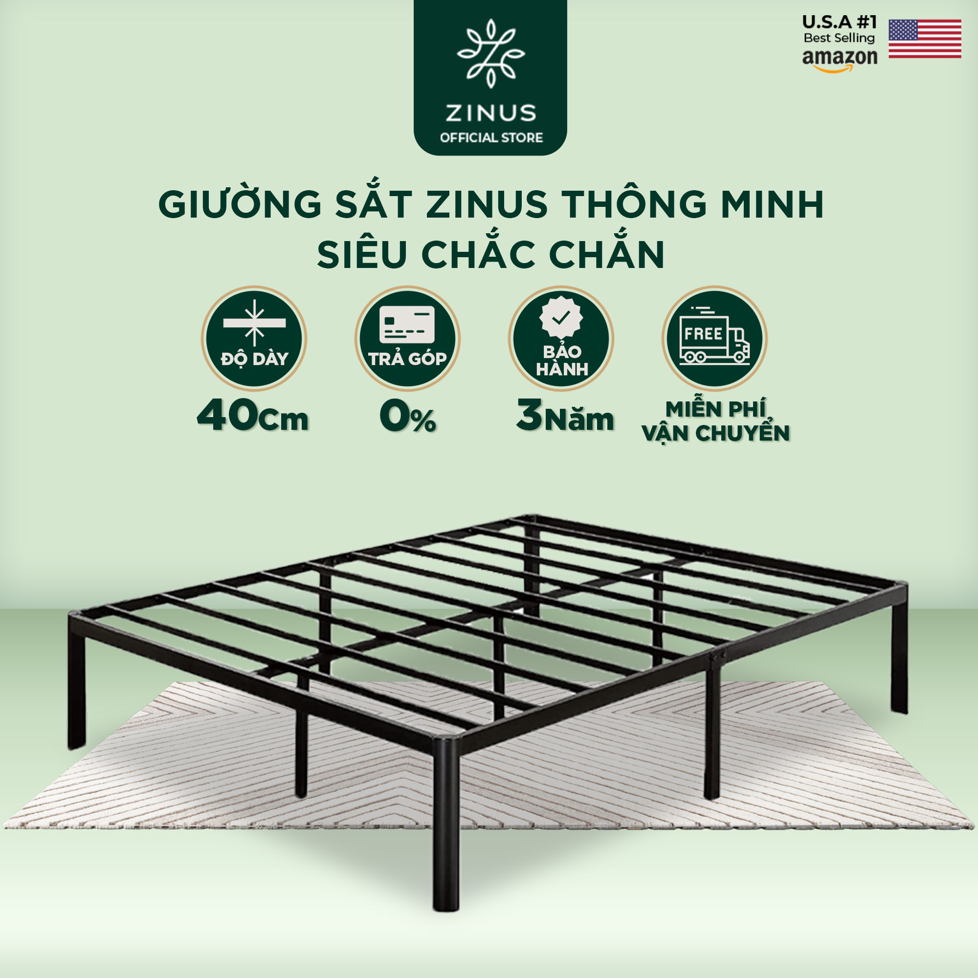 Giường Sắt Thông Minh Zinus Van 40Cm Siêu Chắc Chắn Với Góc Bo Tròn - Metal Platform Bed Frame with Steel Slat Support