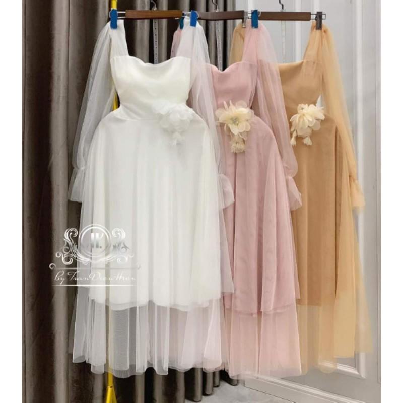 Đầm xòe lưới tay dài eo kết hoa HÀNG THIẾT KẾ